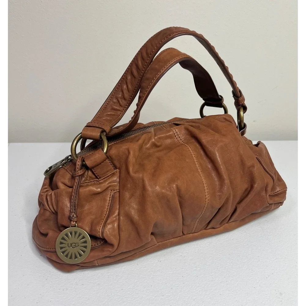 Ugg Australia Leather Hobo Shoulder Handbag Scrunchy Slouchy Cognac Brown